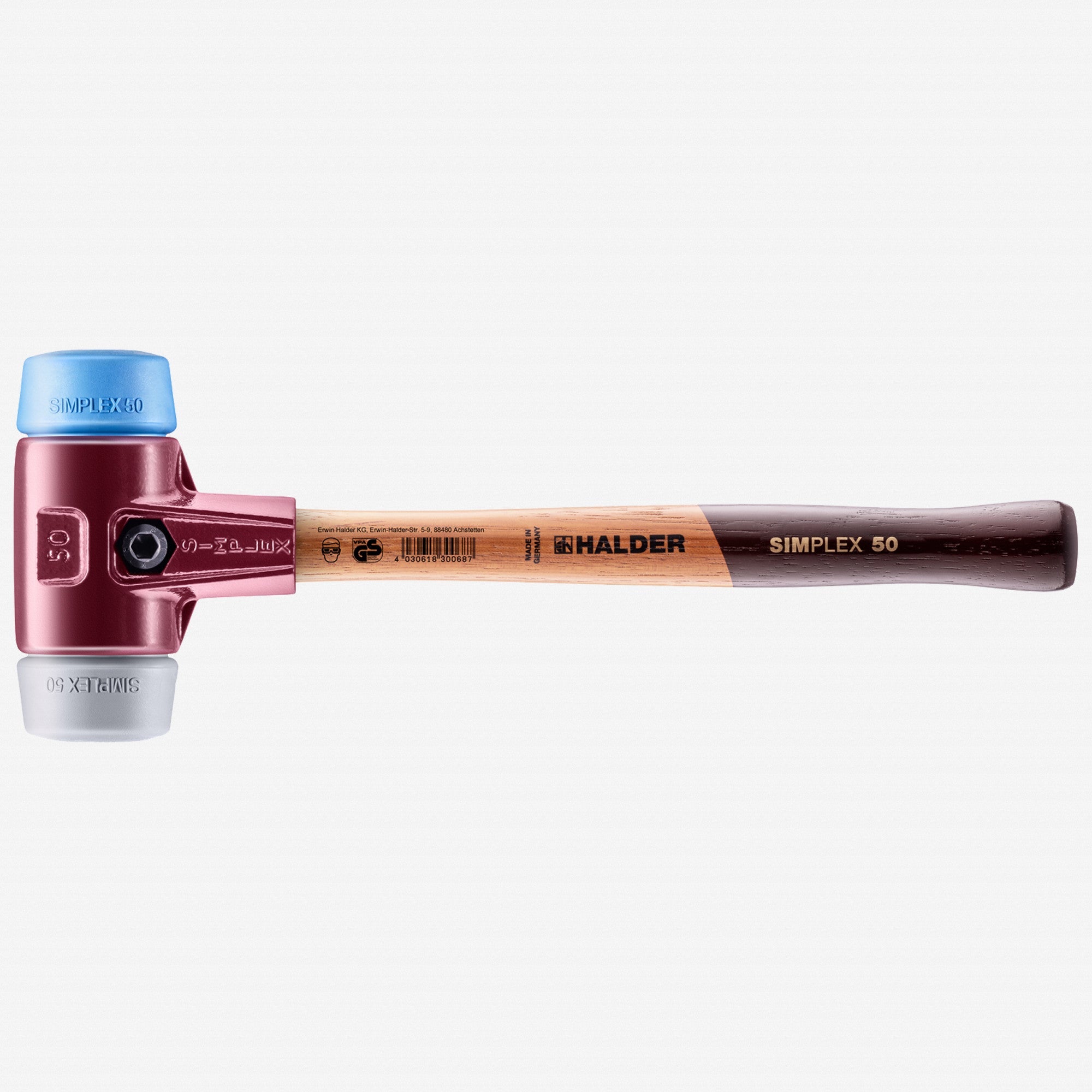 Halder Simplex Mallet with Soft Blue Rubber/Grey Rubber Inserts and Cast Iron Housing, 1.97" / 37.39 oz.