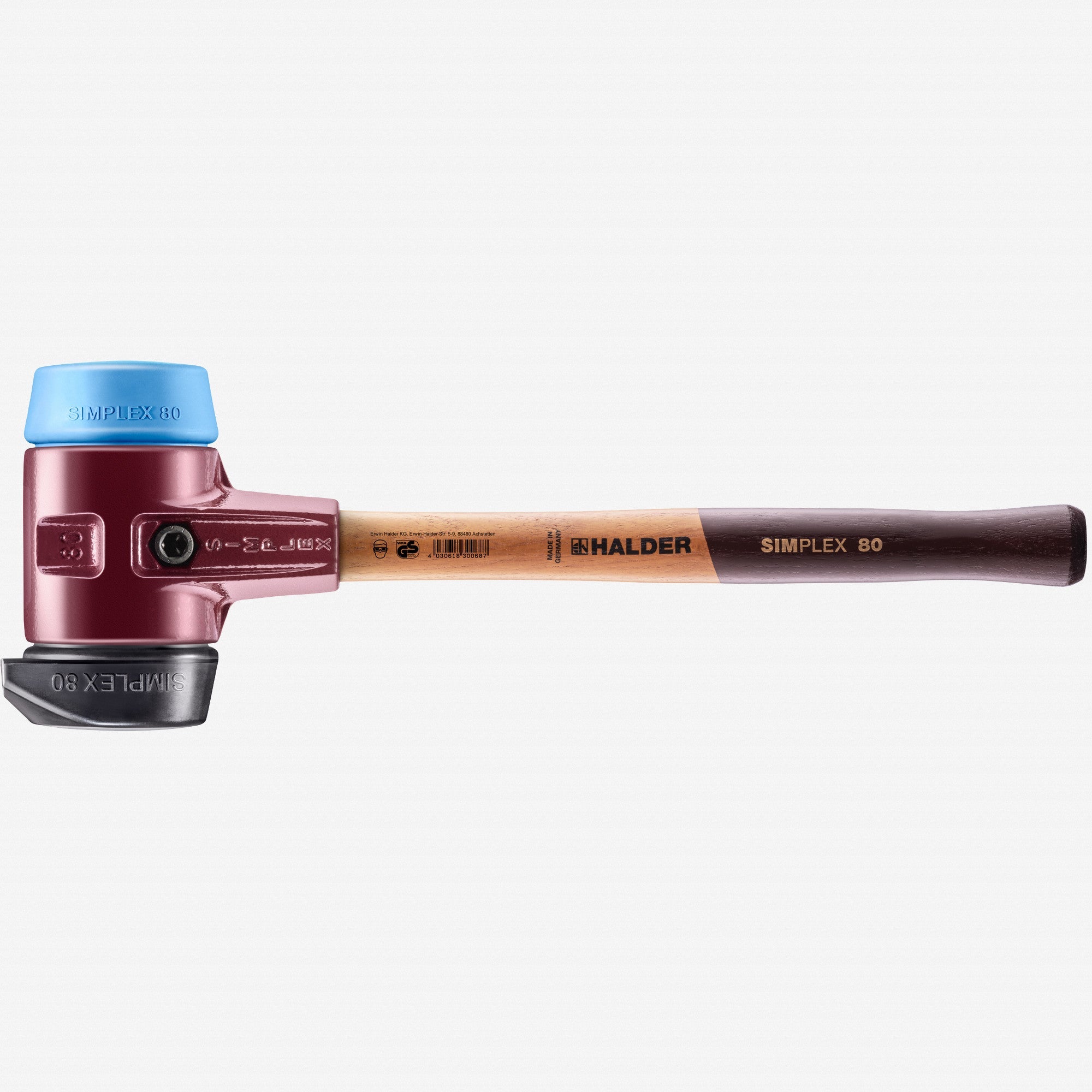Halder Simplex Mallet with Soft Blue Rubber/STAND-UP Black Rubber Inserts and Cast Iron Housing, 3.15" / 100.71 oz.