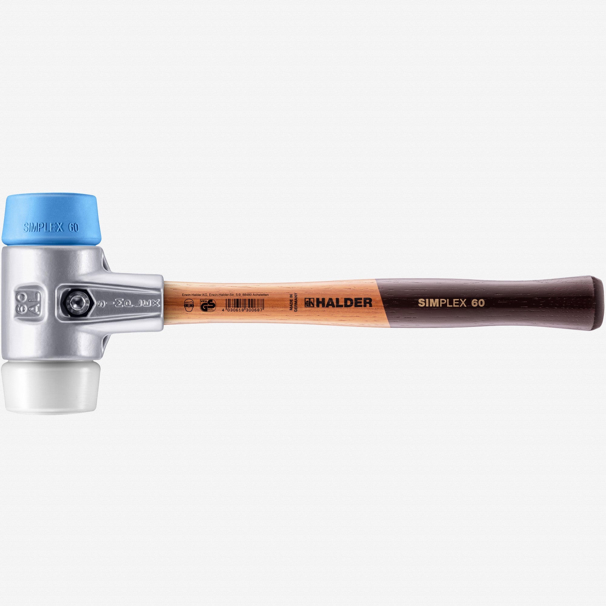 Halder Simplex Mallet with Soft Blue Rubber/Superplastic Inserts and Lightweight Alumimum Housing, 2.36" / 30.79 oz.
