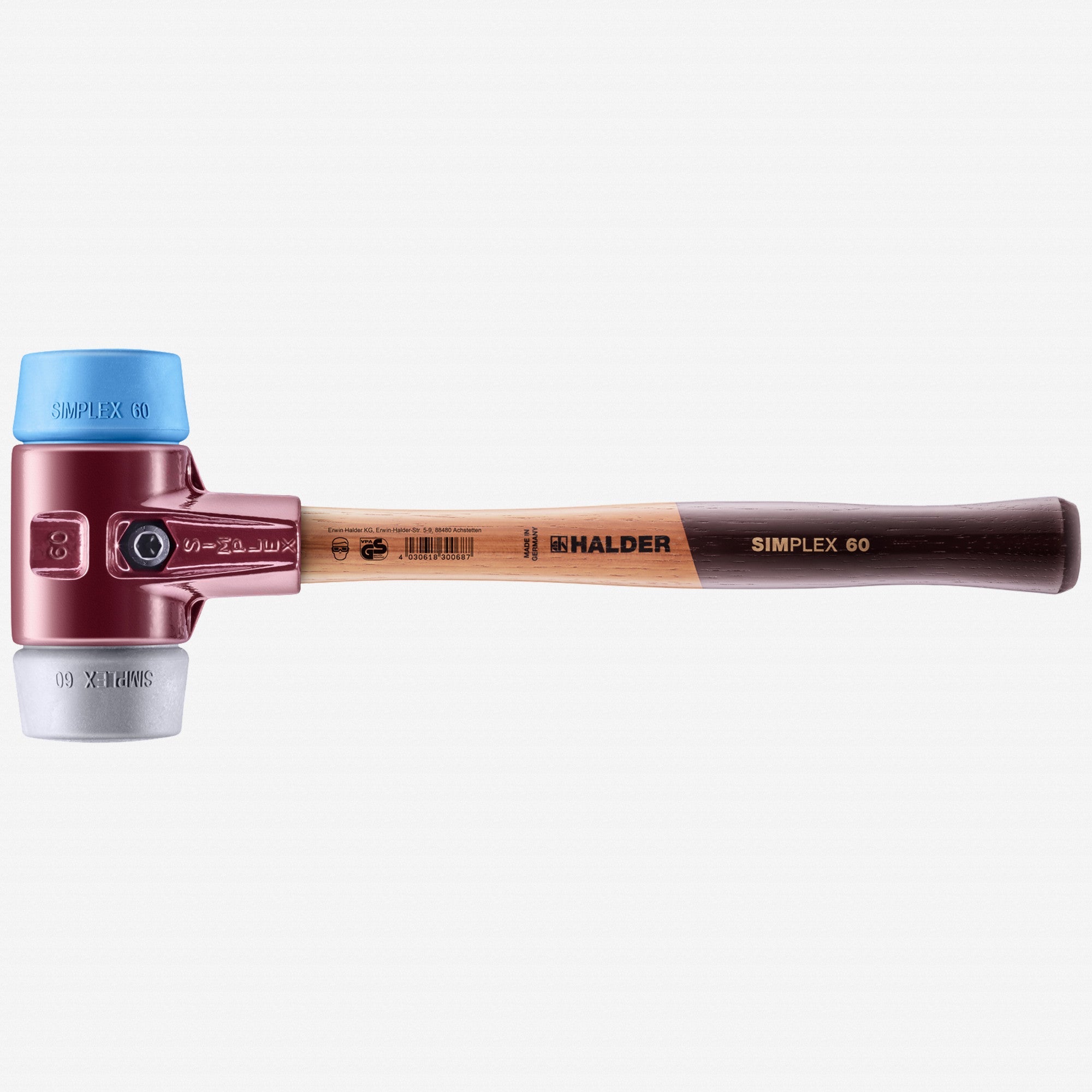 Halder Simplex Mallet with Soft Blue/Medium-Hard Gray Inserts and Cast Iron Housing, 2.36" / 50.09 oz.