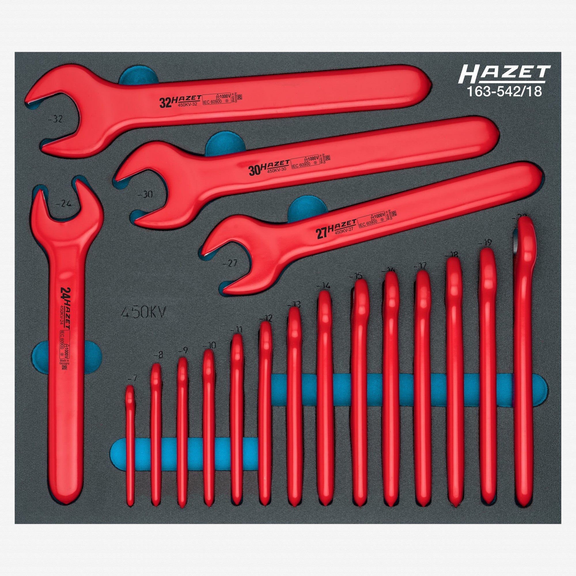 Hazet 450KV VDE Insulated Metric Open End Wrench Set, 7 - 32 mm, 18 Pieces