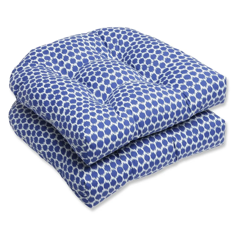 Set of 2 Ruche D’abeille Royal Blue and White Outdoor Patio Wicker Chair Cushions 19″