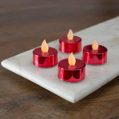 LED Flameless Flickering Tea Light Candles – Metallic Red- Set of 4