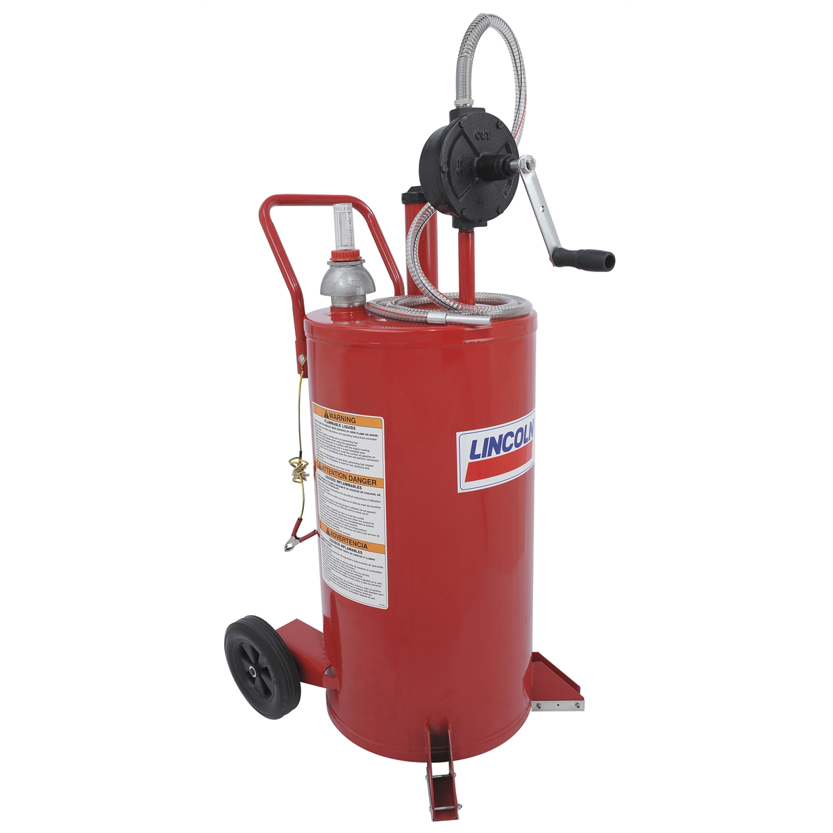 Lincoln Industrial 3675 25 Gallon Steel Fuel Caddy Red with Rotary Pump and 7-ft Hose