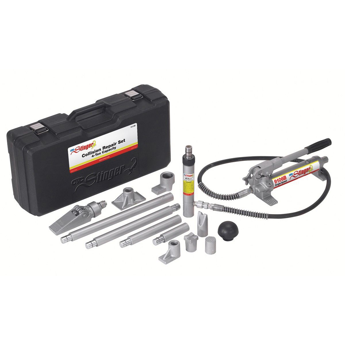 OTC 1513B 4 Ton Hydraulic Collision Repair Set, 4-in Stroke, Snap-Together Extensions and Couplers