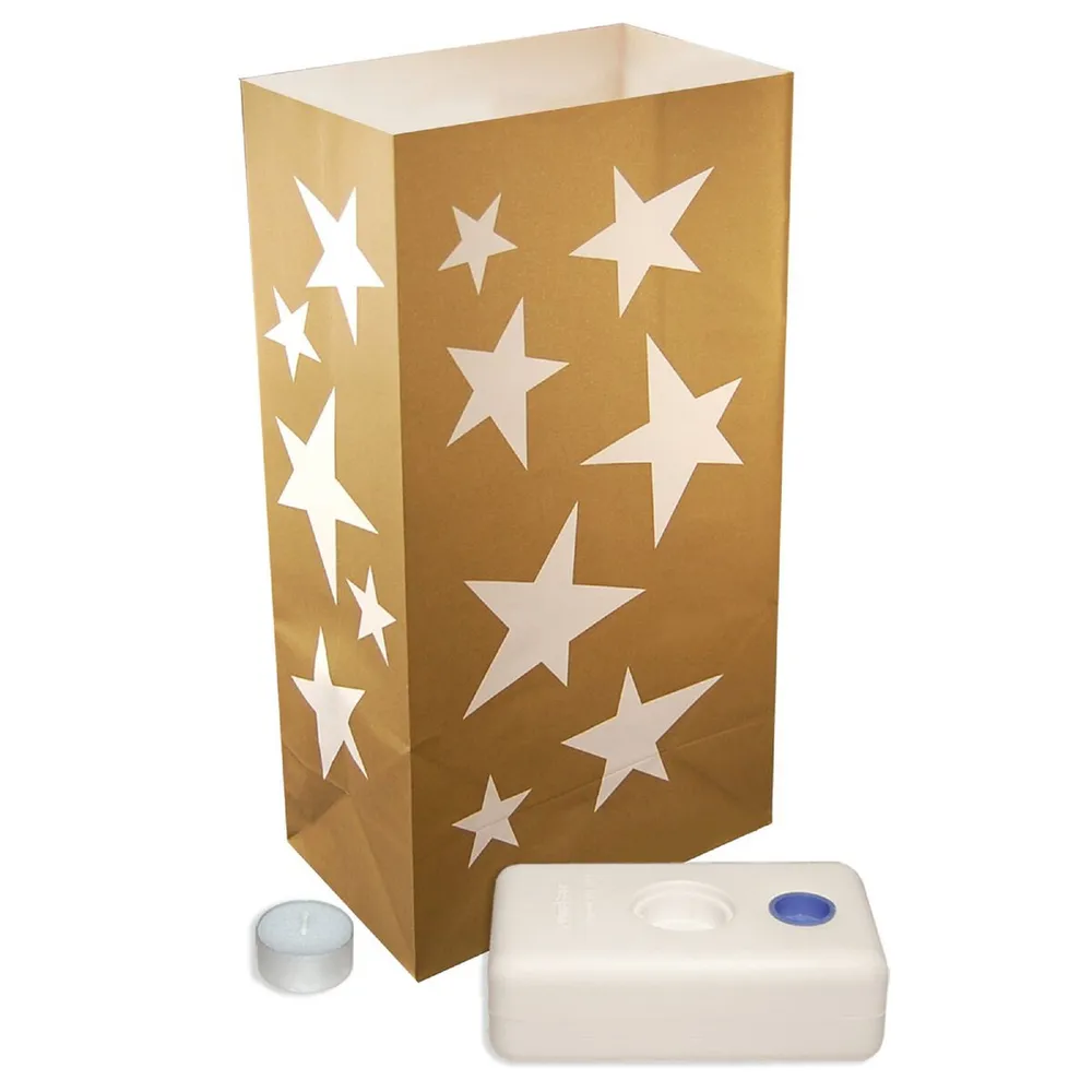 12 Golden Star Luminaria Christmas Tea Light Candle Kits 11″