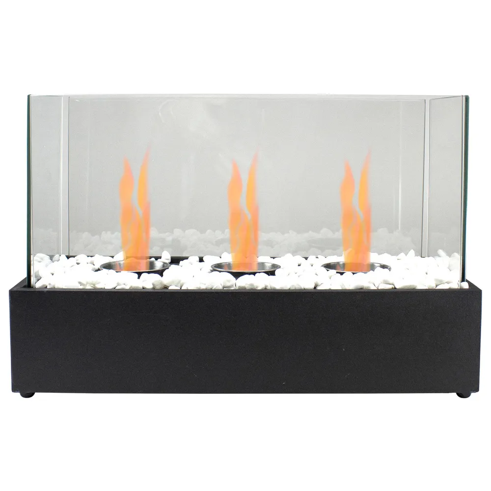 Bio Ethanol Ventless Portable Triple Fireplace with Flame Guard – 17.75″ – Black