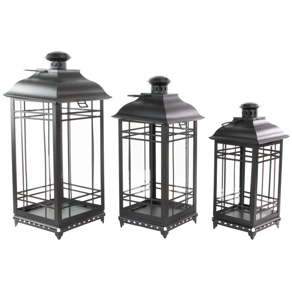 Set of 3 Distressed Black Mission Style Candle Lanterns 19.5″