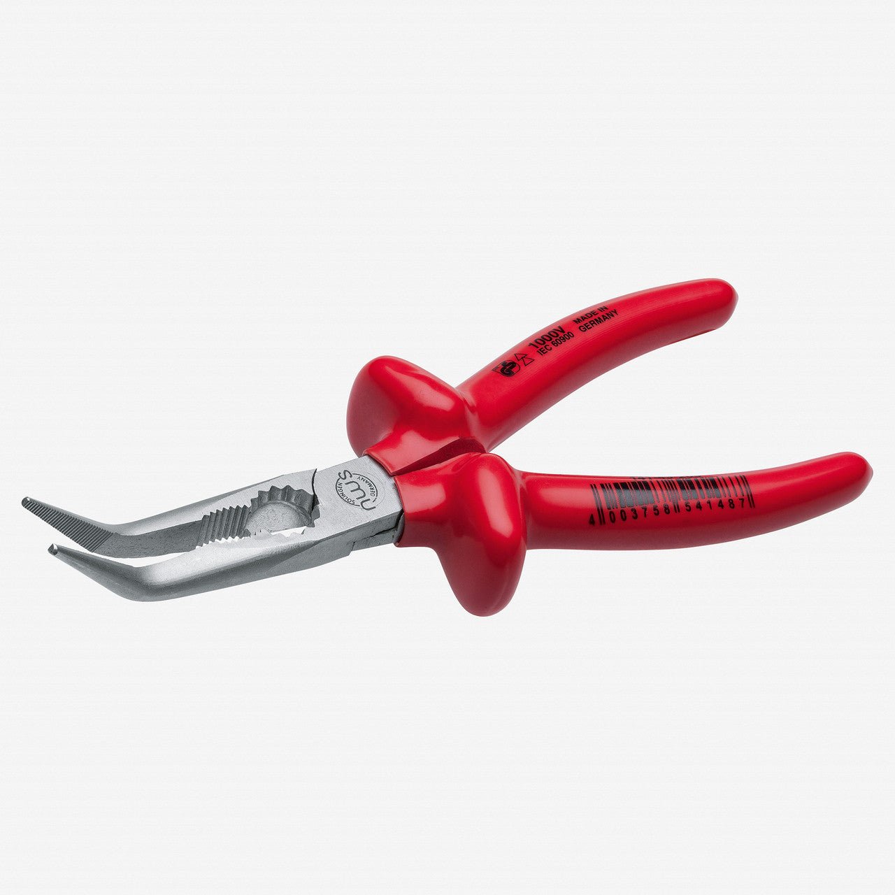 NWS 8" Chain Nose Pliers (Radio Pliers), Angled 45 deg 1000V- Matte Chromium - Plastic Grip