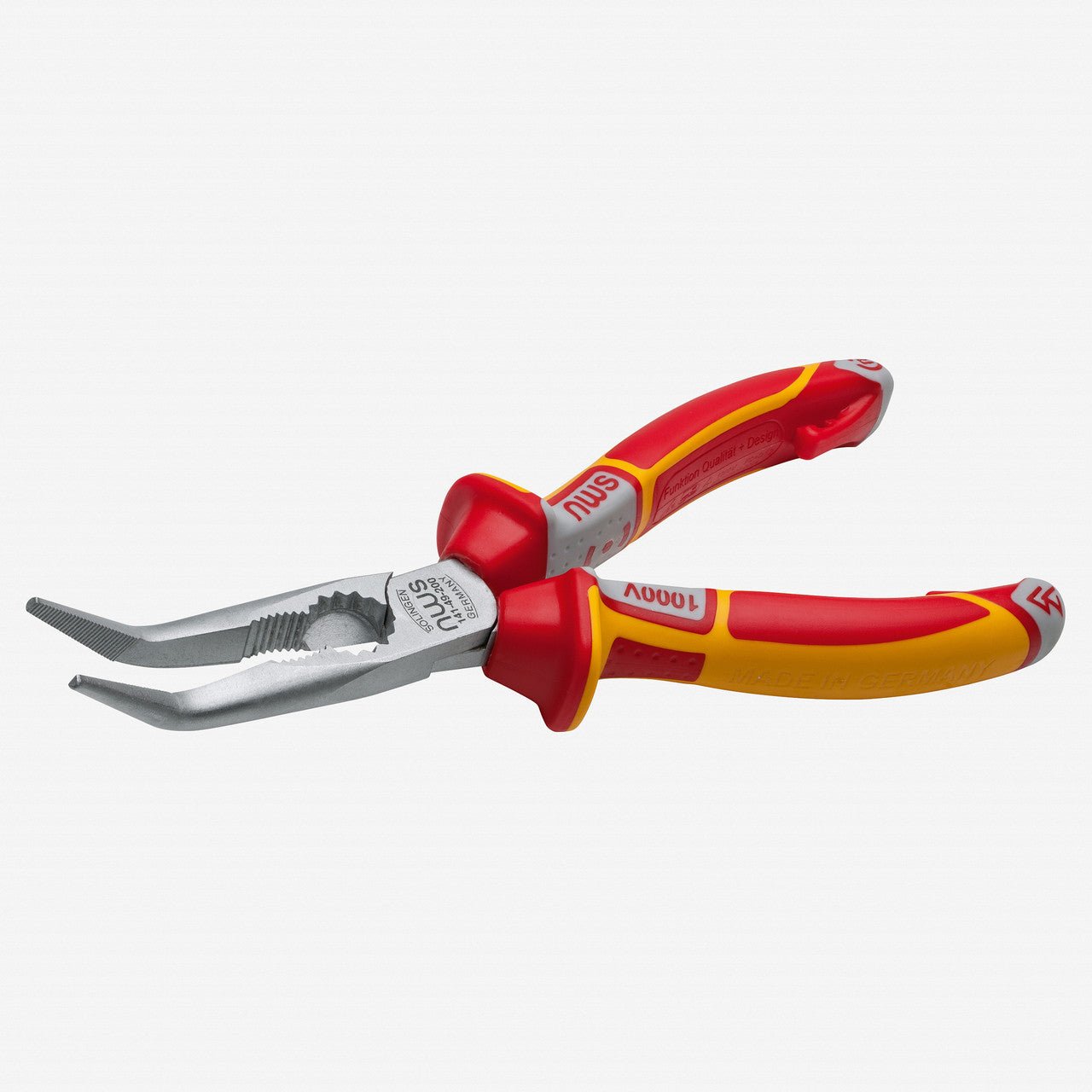 NWS 8" Chain Nose Pliers (Radio Pliers), angled 45 deg VDE - Matte Chromium - SoftGripp, Tethered Attachment