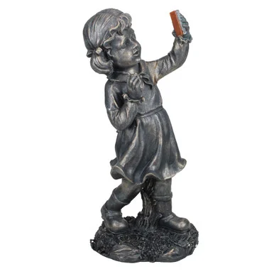 Pre-Lit LED Girl with Cell Phone Garden Statue: 18″ Black, Solar Powered, Outdoor Decor