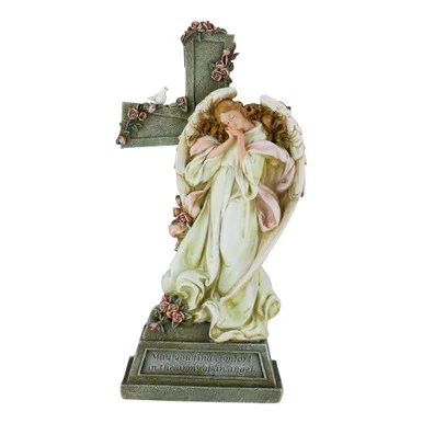 Roman 14.5″ Joseph’s Studio “Comfort In The Arms of an Angel” Garden Figurine with Cross – Beige and Gray