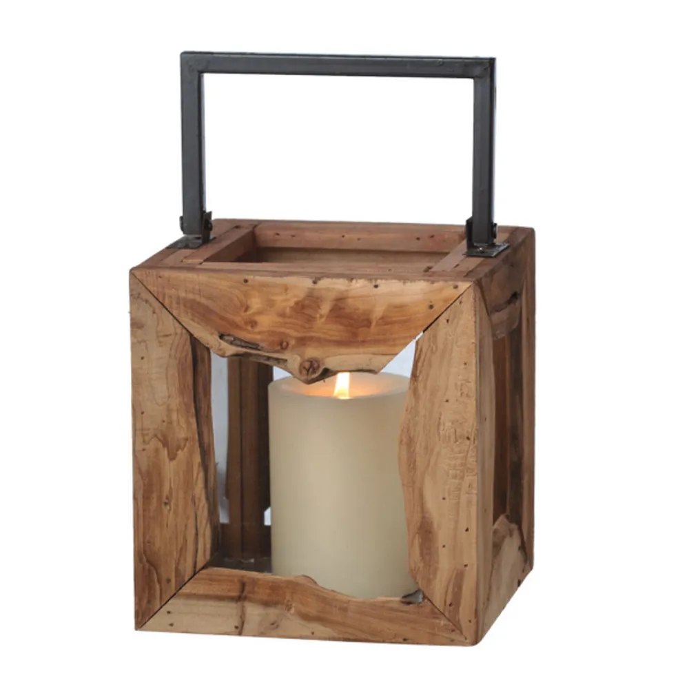 Pack of 2 Small Organic Modern-Style Wooden Pillar Candle Lanterns 10.5″