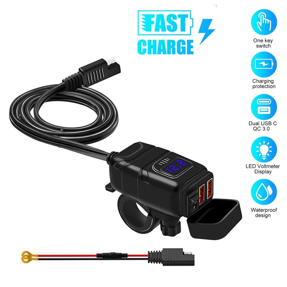 Dual USB QC3.0 Charger with Blue LED Voltmeter for Motorcycle (Universal)