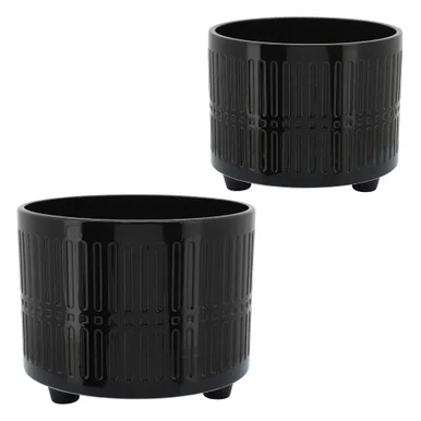 Set of 2 Black Ceramic Lines Outdoor Footed Planters 12″