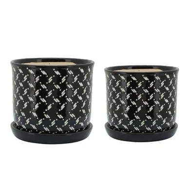 Set of 2 Black and White Dots Ceramic Planters with Saucer 6″