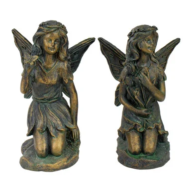 Set of 2 Bronze Kneeling Fairies With Flowers and a Butterfly Outdoor Garden Statues – 7″: Enchanting Outdoor Decor
