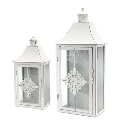 Set of 2 Vintage White Distressed Pillar Candle Lanterns 19.5″