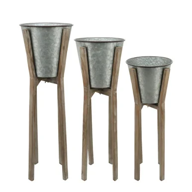 Set of 3 Gray and Brown Round Planters on Stand 35″