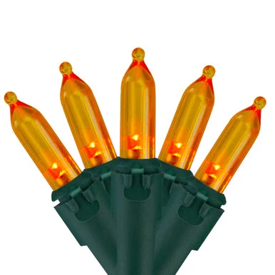 Set of 50 Orange LED Mini Christmas Lights 4″ Spacing – Green Wire