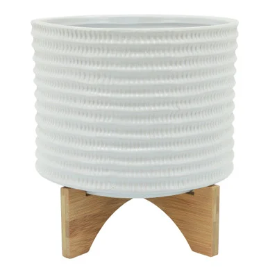 Textured Ceramic Standing Planter – 11″ – White