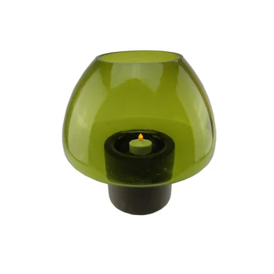 Transparent Glass Candle Holder with Wooden Base – 9.75″ – Olive Green