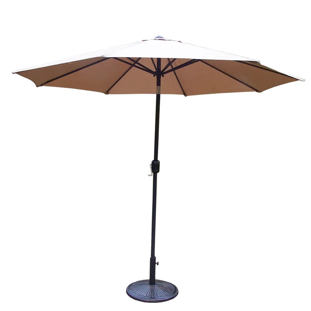 9′ Champagne and Black Patio Umbrella with Crank and Tilt and Cast Iron Base