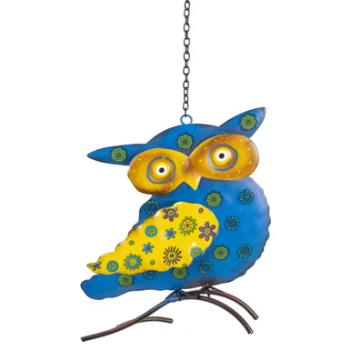 Whimsical 7.75″ Blue and Yellow Metal Owl Outdoor Wall Hanging – Vibrant Outdoor Décor